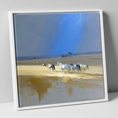 Sunlit Shallows horse landscape canvas wall art in white frame