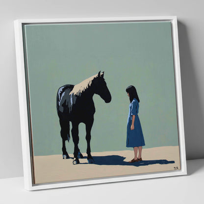 Quiet Understanding horse & rider canvas wall art in white frame