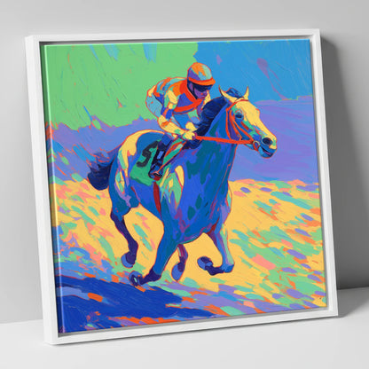 Technicolour Gallop racing horse canvas wall art in white frame