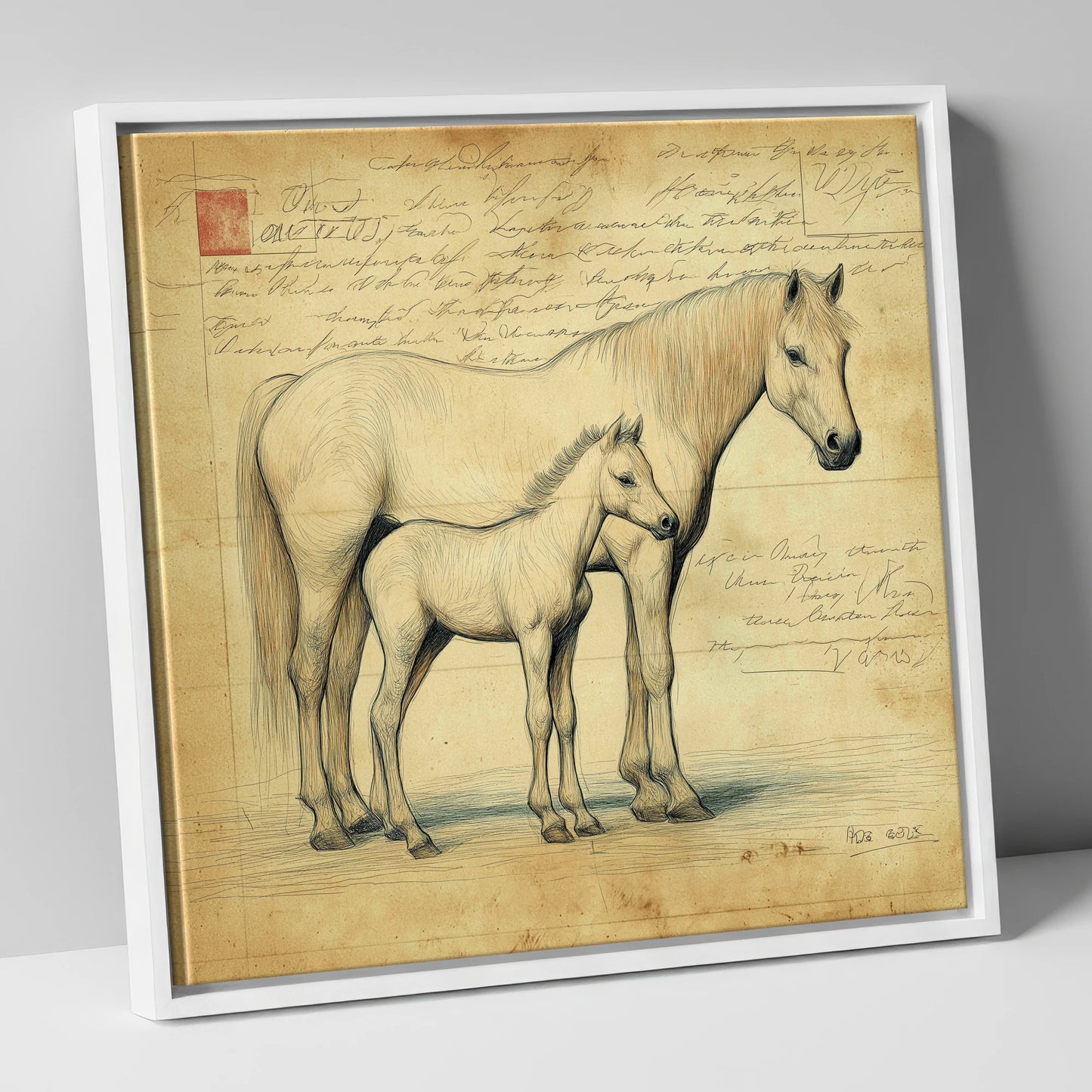 Heritage Equine Study mare & foal canvas wall art in white frame