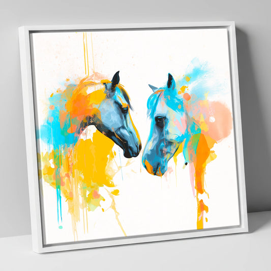 Spirited Bond horse portrait canvas wall art in white frame