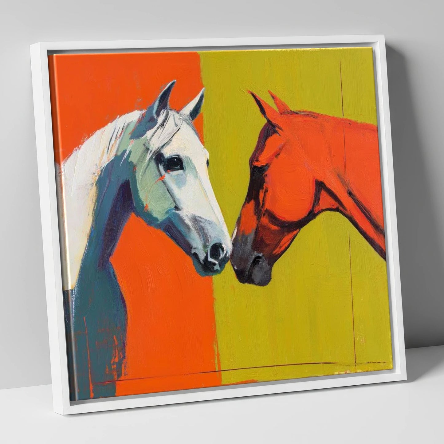 Vibrant Connection horse portrait canvas wall art in white frame