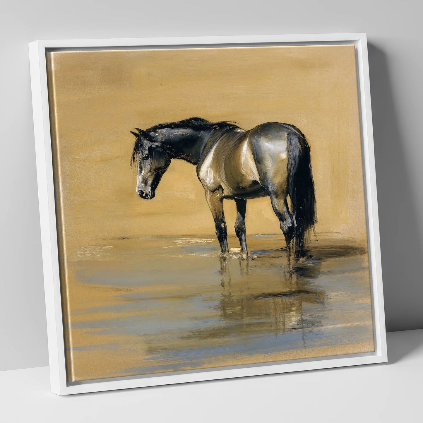 Reflection in Ochre horse portrait canvas wall art in white frame