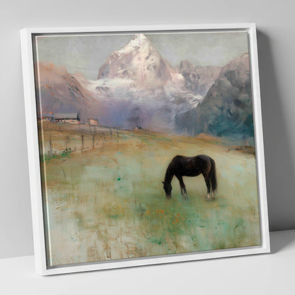 Alpine Pasture Solitude horse landscape canvas wall art in white frame