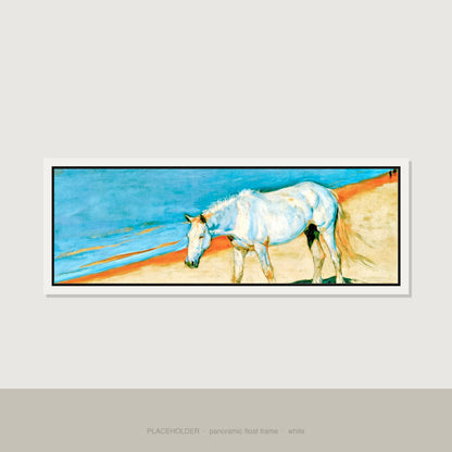 Cerulean Coastline Horse Landscape panoramic canvas wall art in white float frame