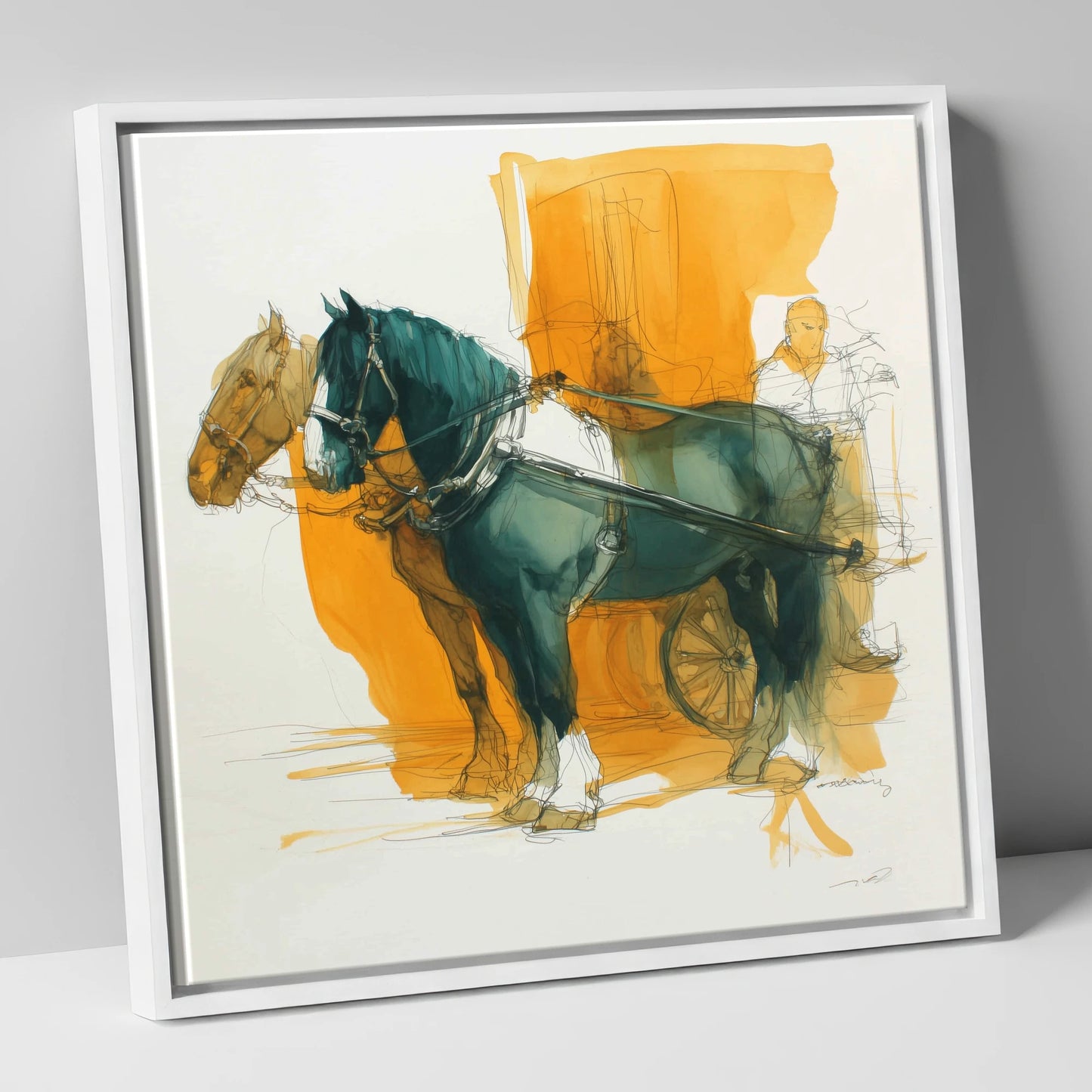 Harnessed in Amber working horse canvas wall art in white frame