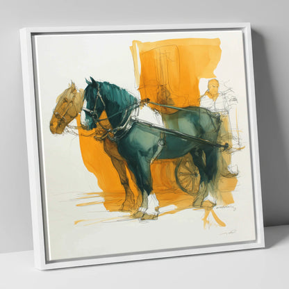 Harnessed in Amber working horse canvas wall art in white frame