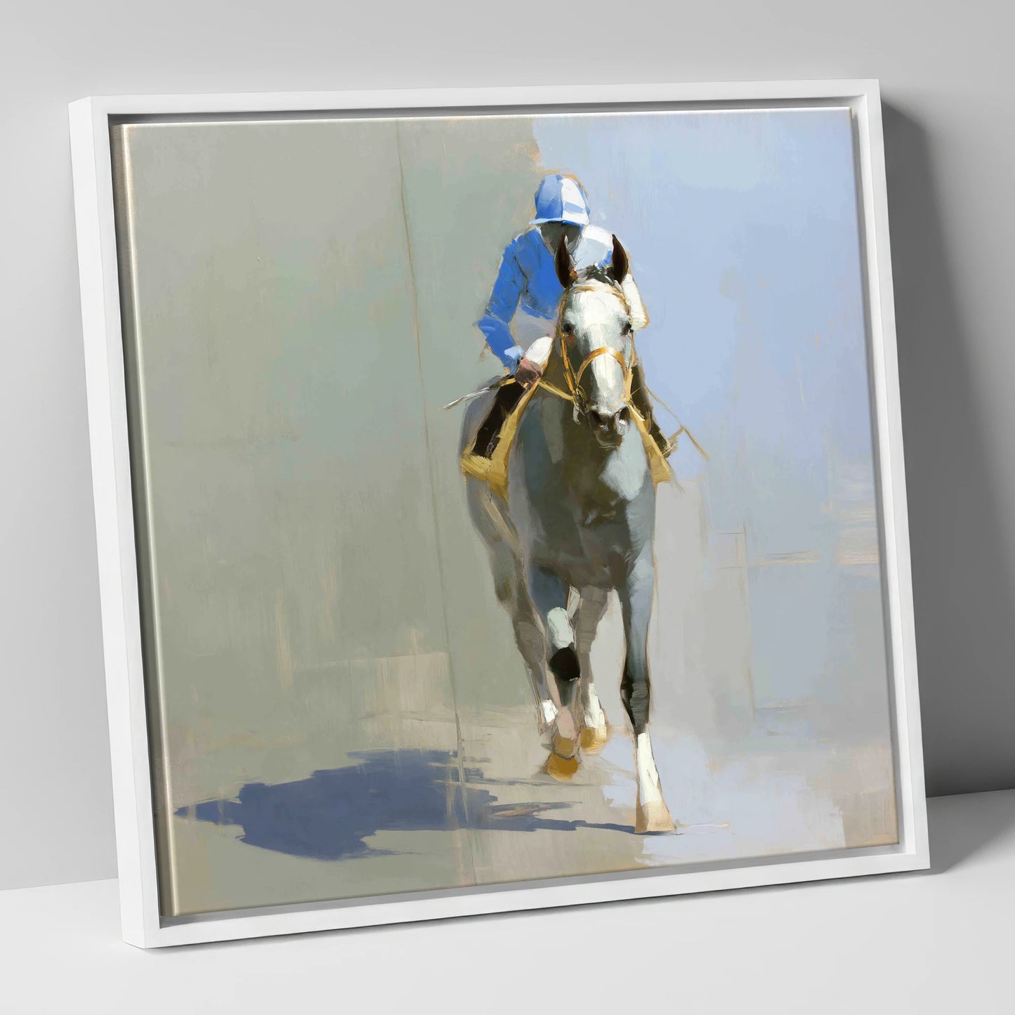The Grey Challenger racing horse canvas wall art in white frame