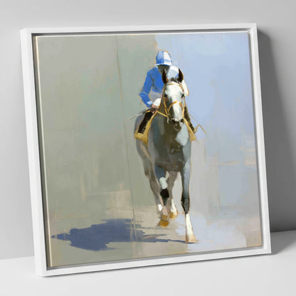 The Grey Challenger racing horse canvas wall art in white frame