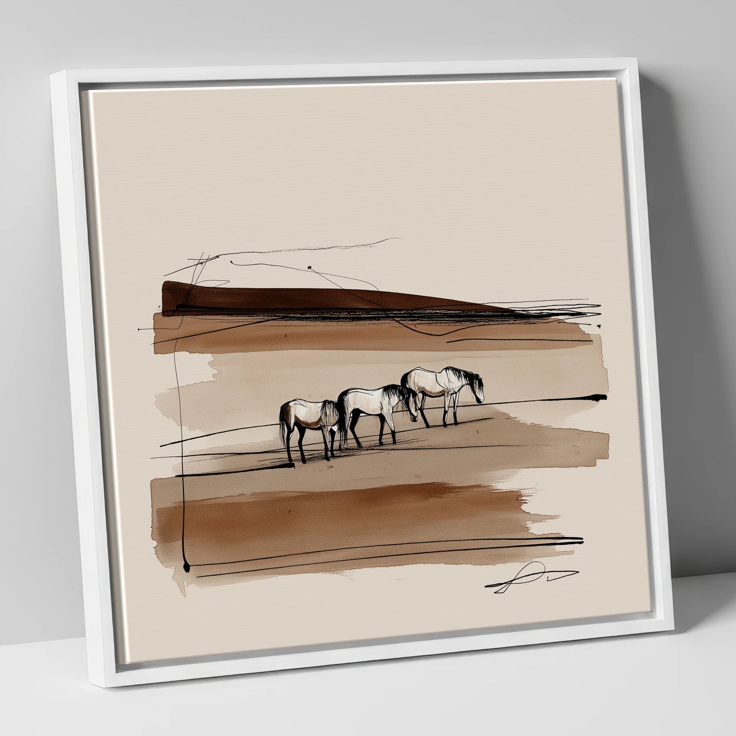 Minimalist Sepia Herd wild horses canvas wall art in white frame