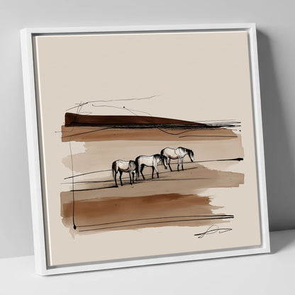 Minimalist Sepia Herd wild horses canvas wall art in white frame