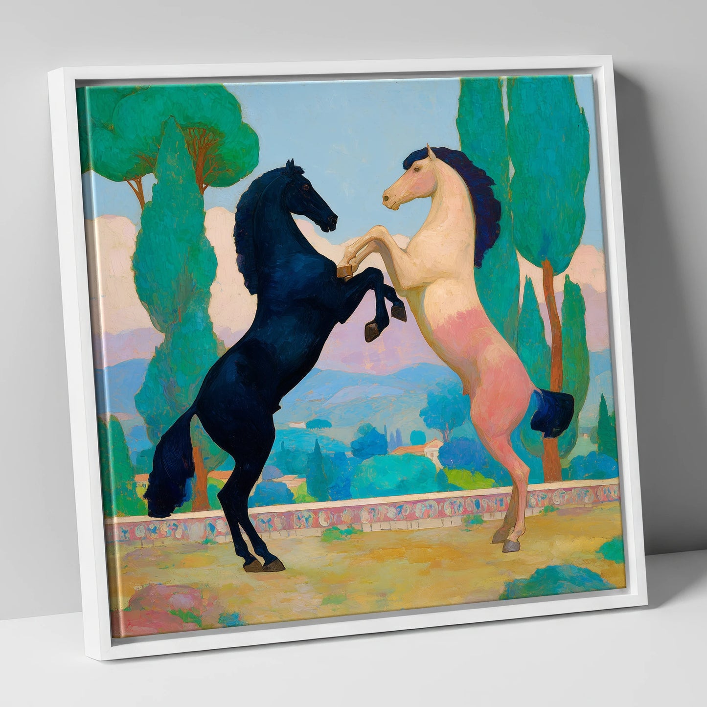 Azure and Rose Dance wild horses canvas wall art in white frame