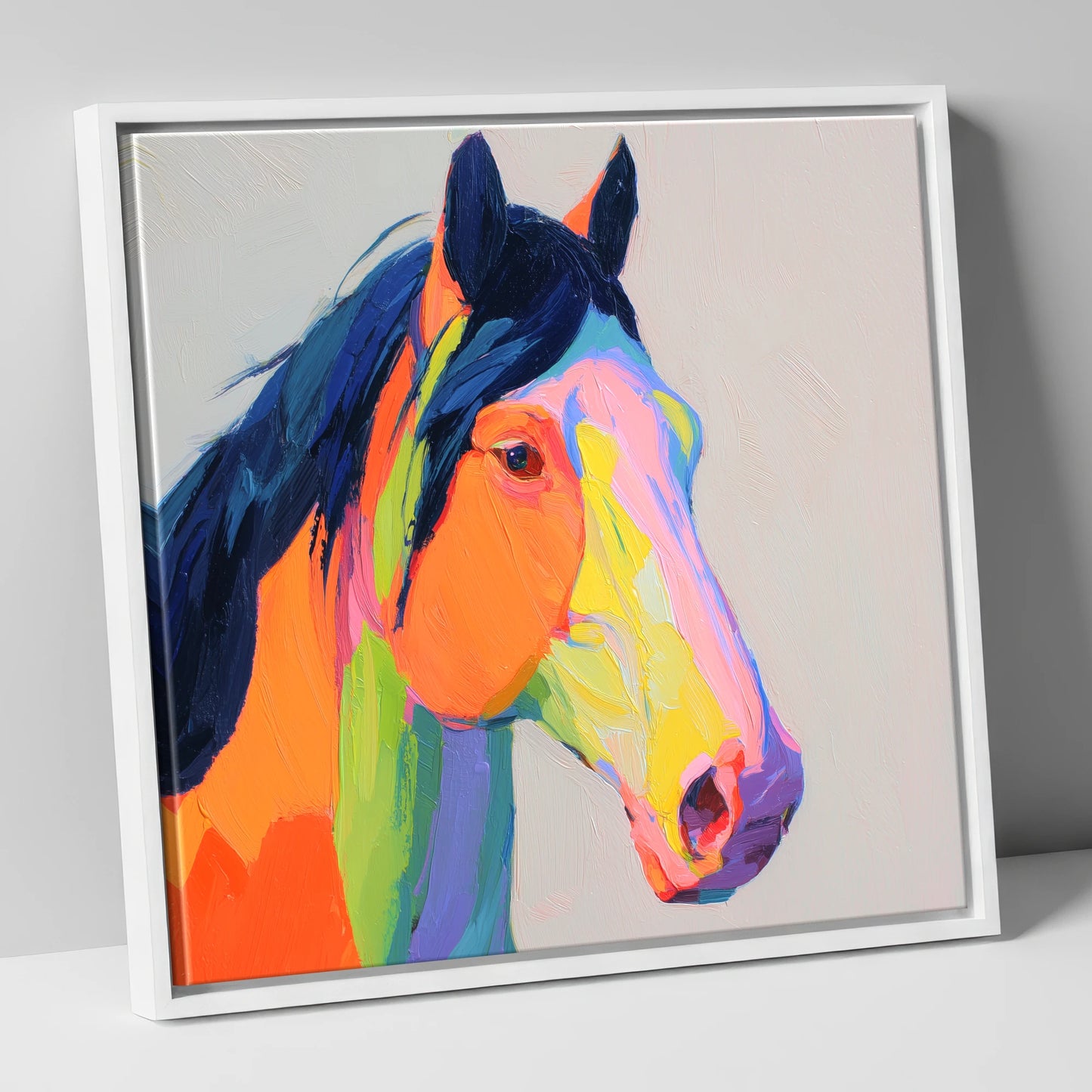 Technicolour Equine Profile horse portrait canvas wall art in white frame