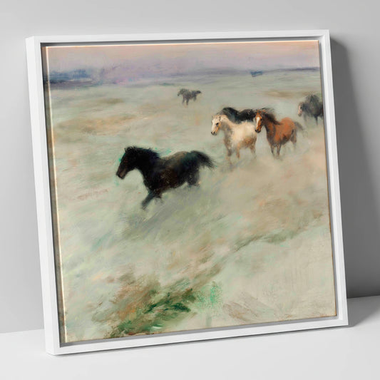 Through The Morning Mist wild horses canvas wall art in white frame