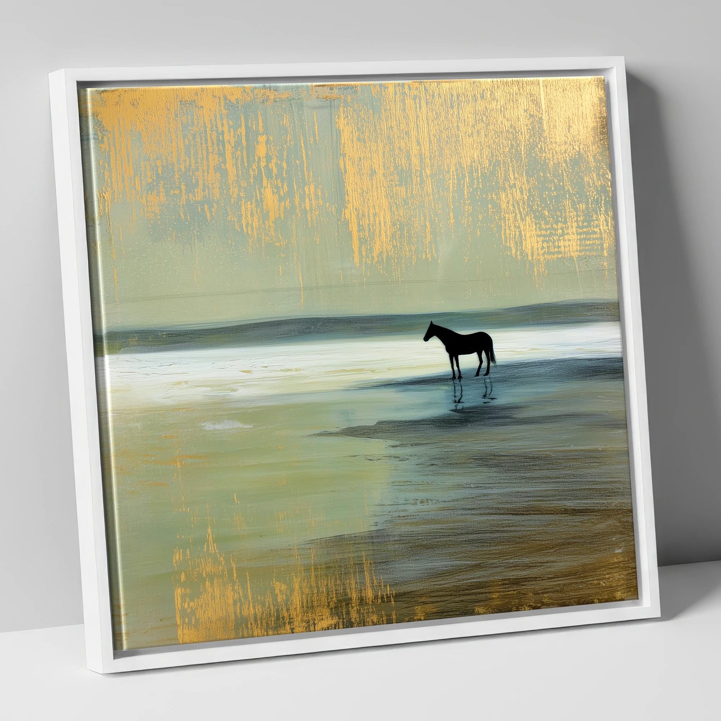 Gilded Horizon horse landscape canvas wall art in white frame