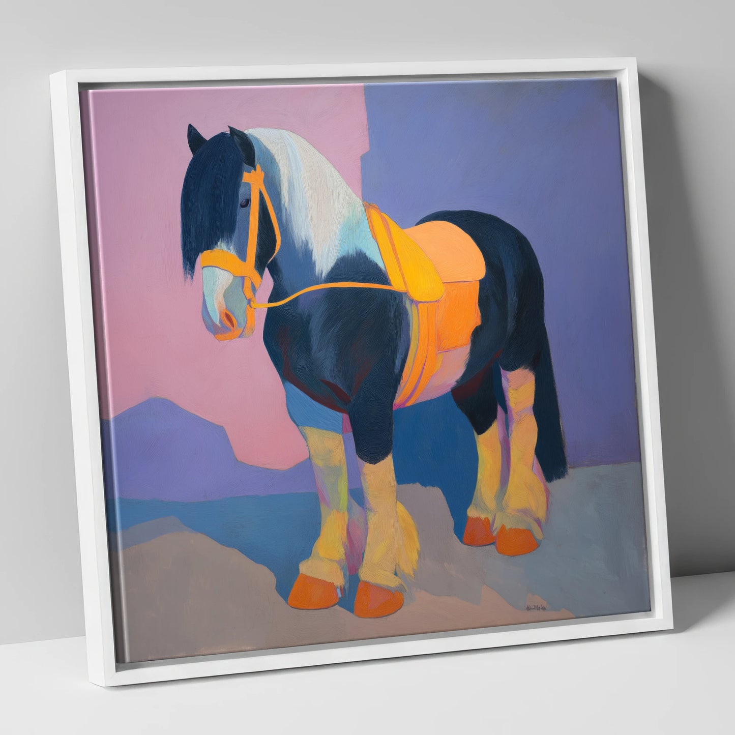 Vibrant Painted Cob horse breed canvas wall art in white frame