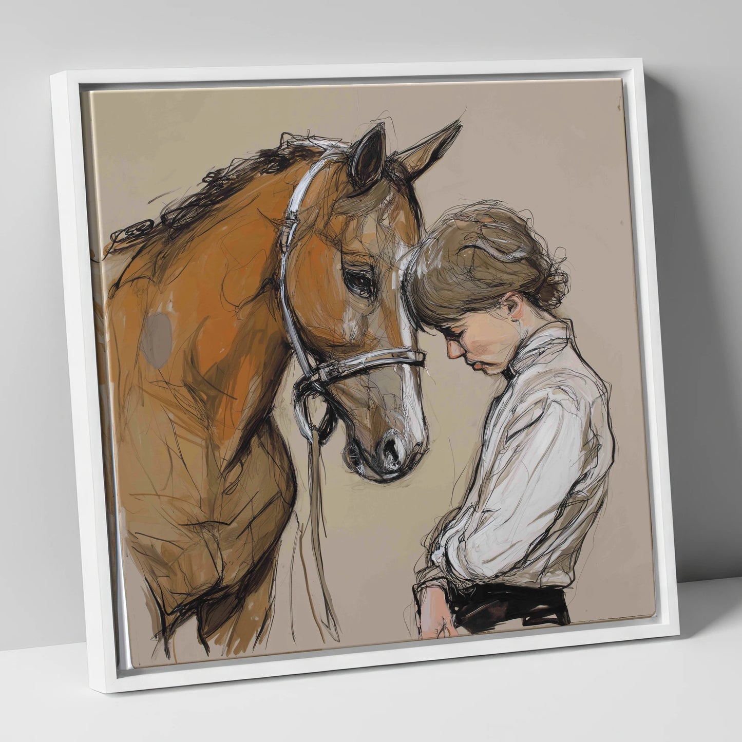 Silent Devotion horse & rider canvas wall art in white frame