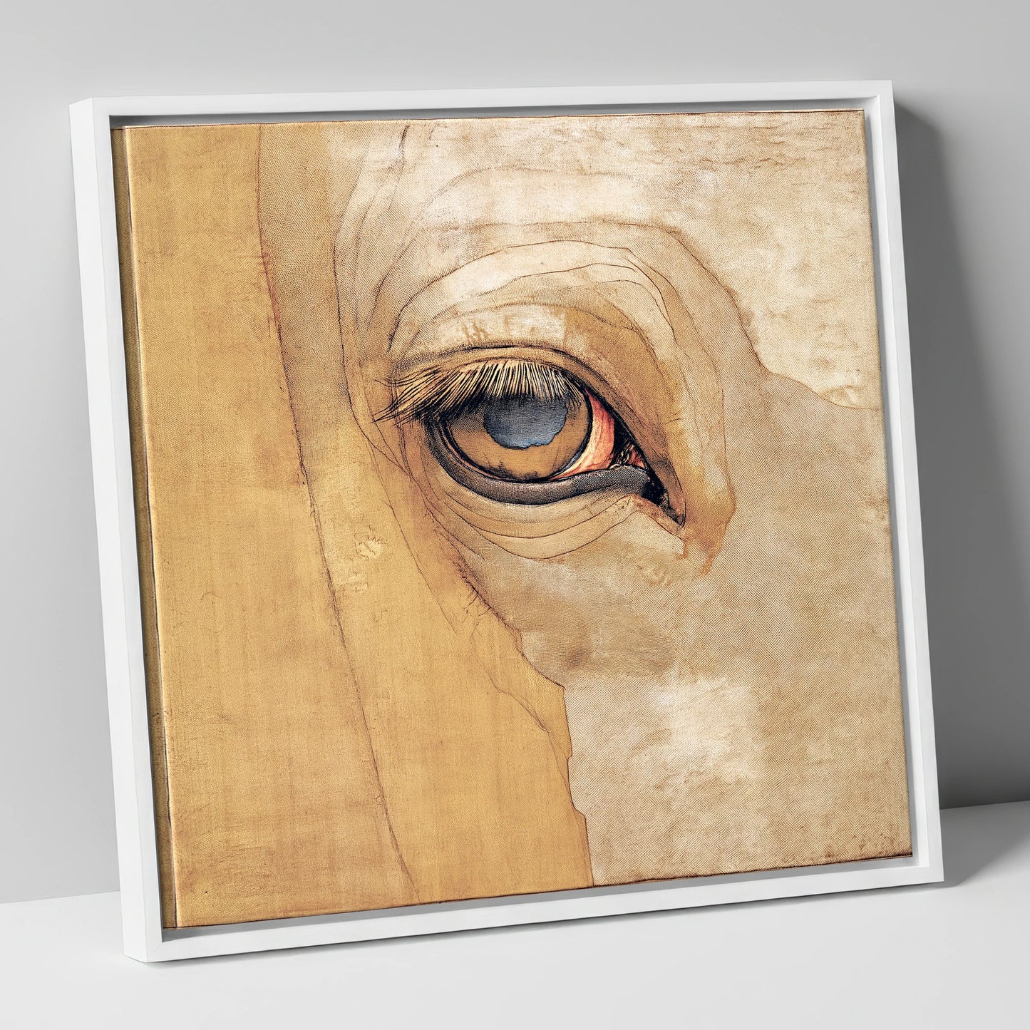 The Golden Gaze horse portrait canvas wall art in white frame