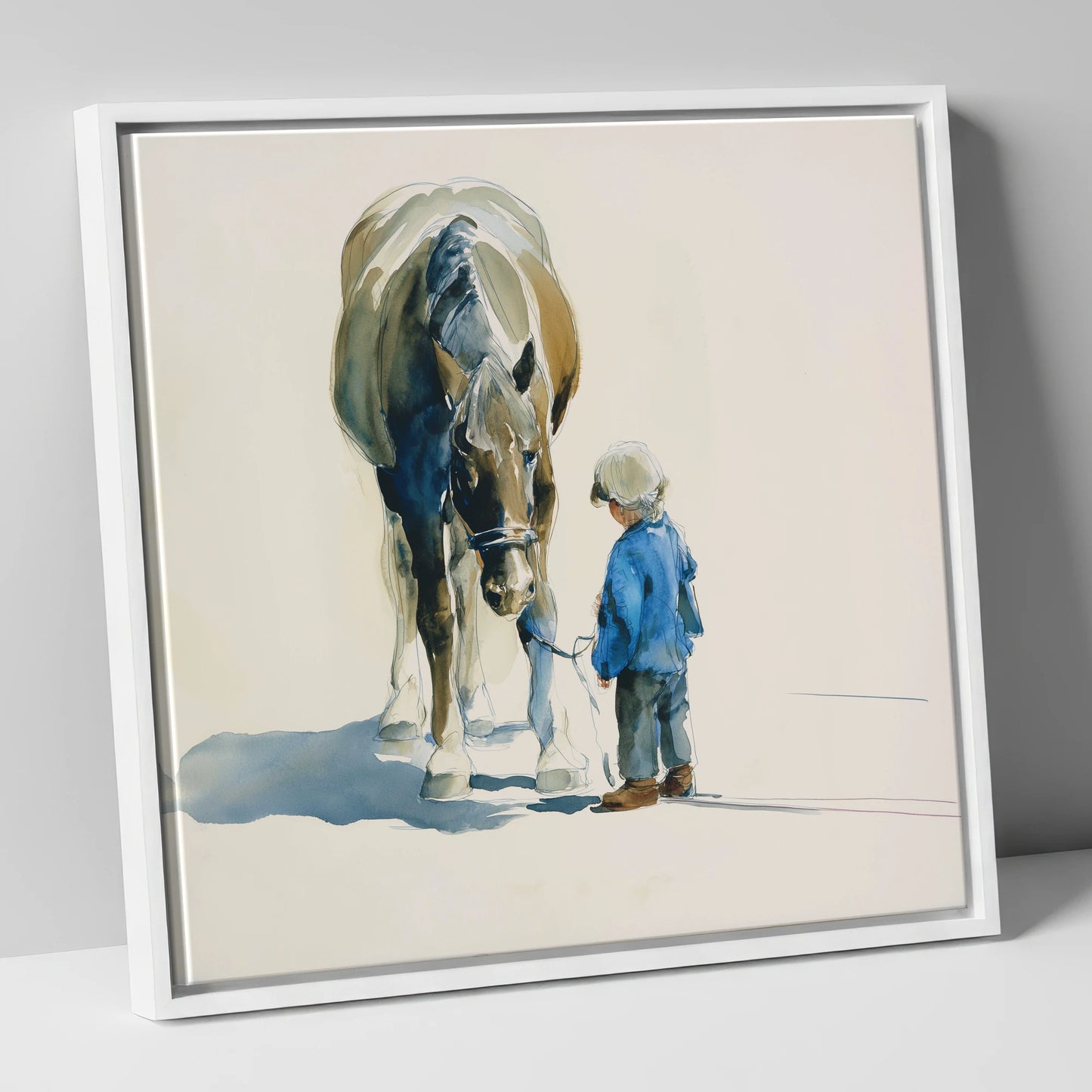 Quiet Understanding horse & rider canvas wall art in white frame