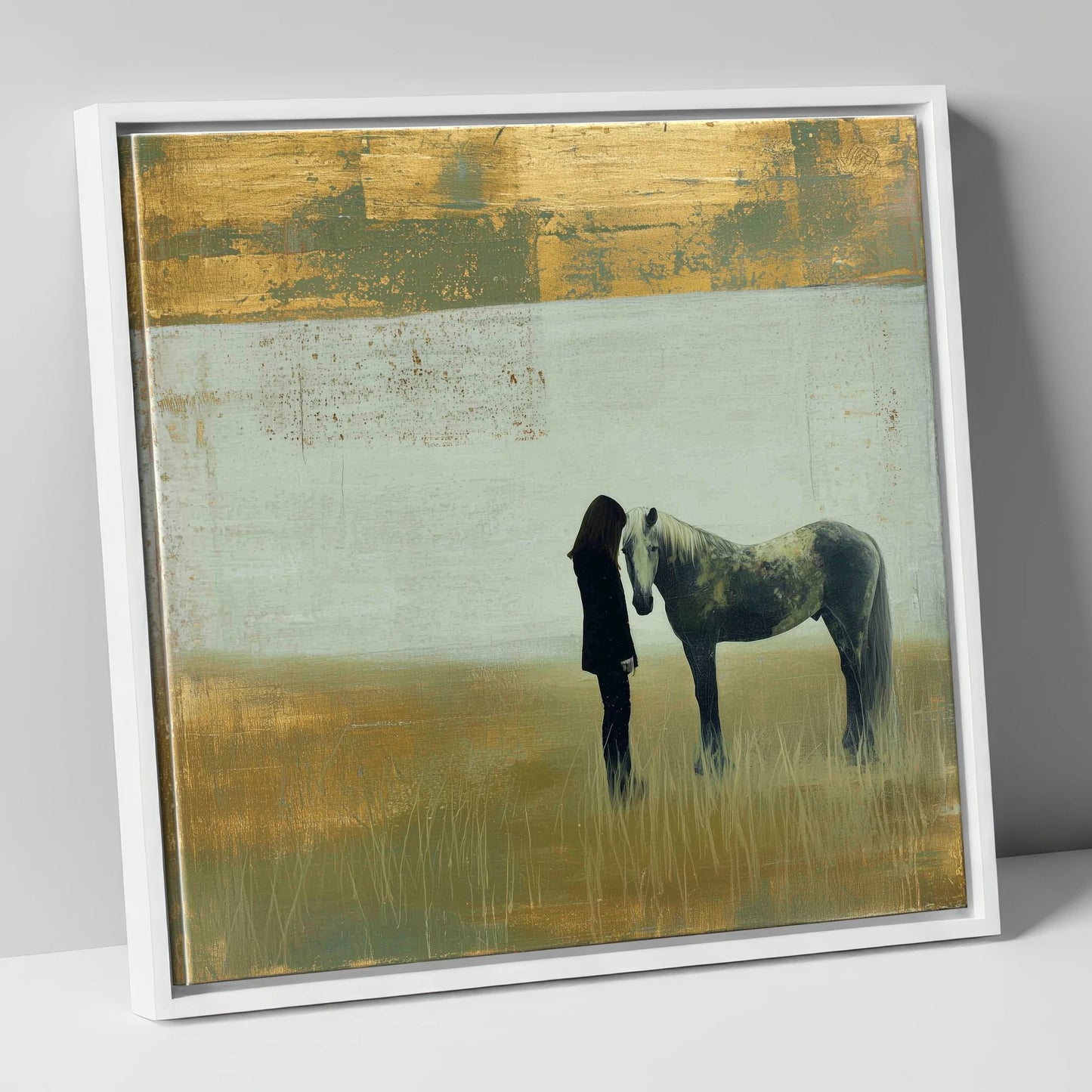 Silent Understanding horse & rider canvas wall art in white frame