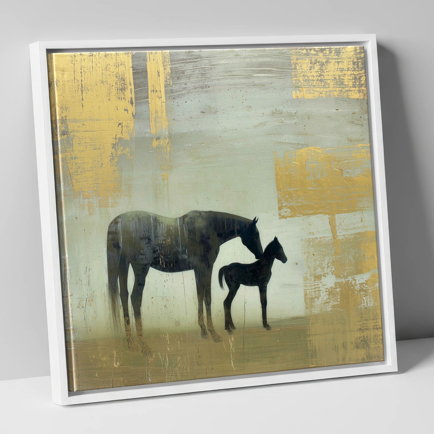 Gilded Maternal Bond mare & foal canvas wall art in white frame