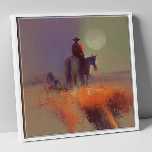 High Plains Sundown western horse canvas wall art in white frame