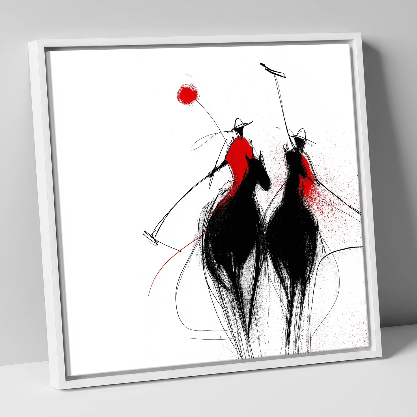 Crimson Chukka polo horse canvas wall art in white frame