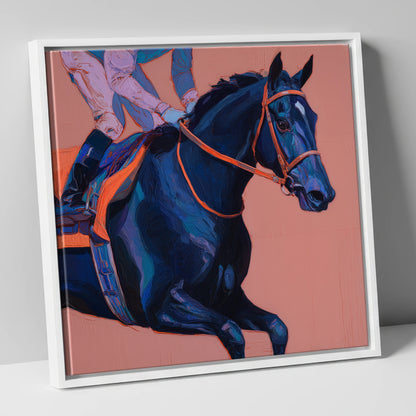 Indigo Rush racing horse canvas wall art in white frame