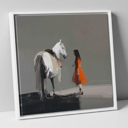 A Silent Dialogue horse & rider canvas wall art in white frame