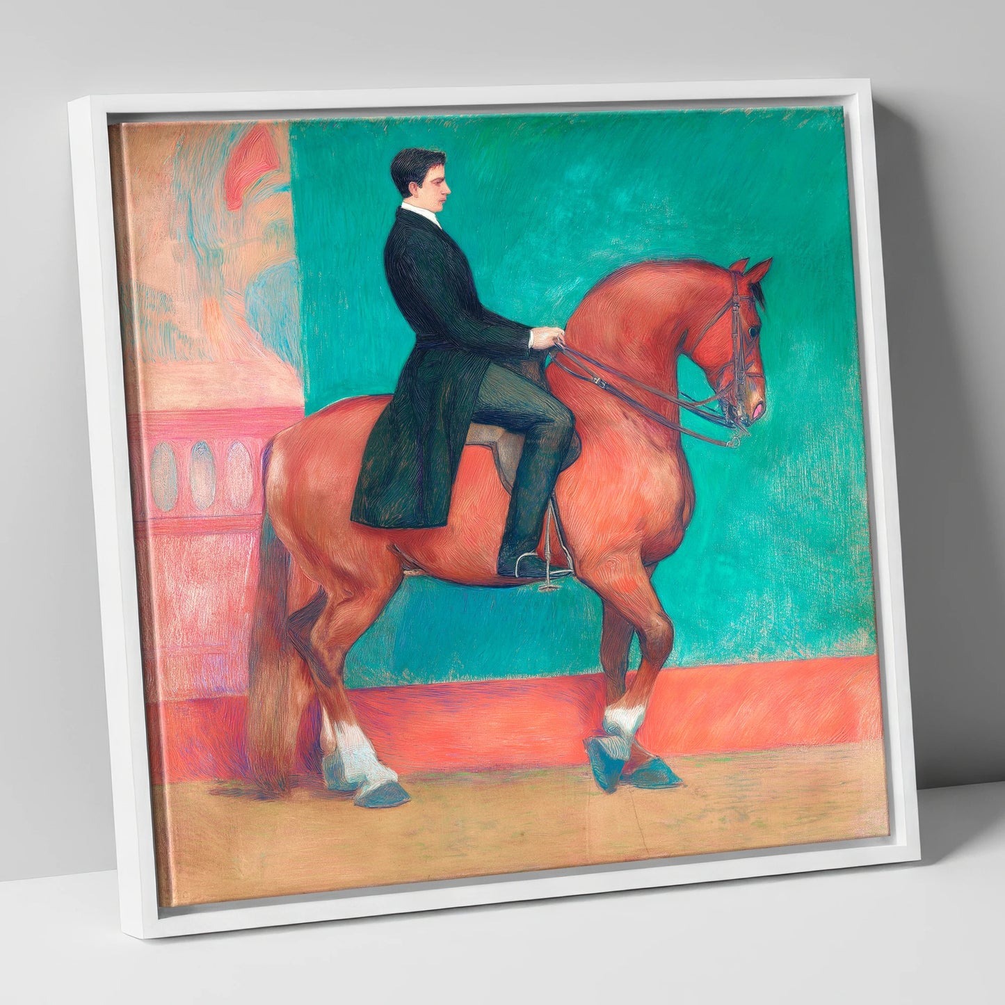 Collected Chestnut in Emerald dressage horse canvas wall art in white frame