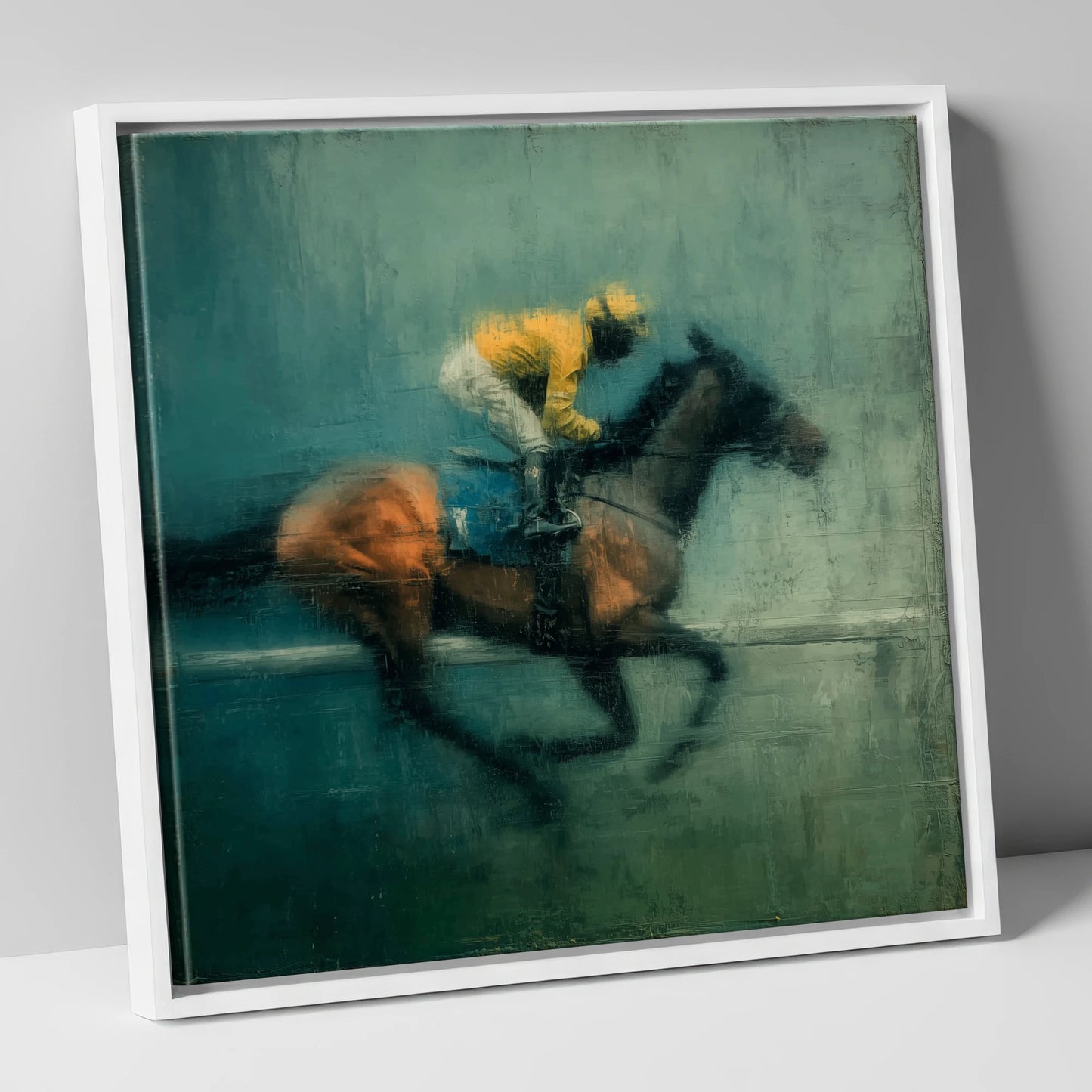 The Final Furlong racing horse canvas wall art in white frame