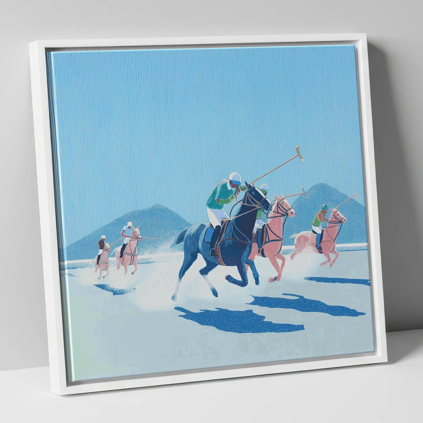 Azure Polo Pursuit polo horse canvas wall art in white frame