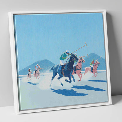 Azure Polo Pursuit polo horse canvas wall art in white frame