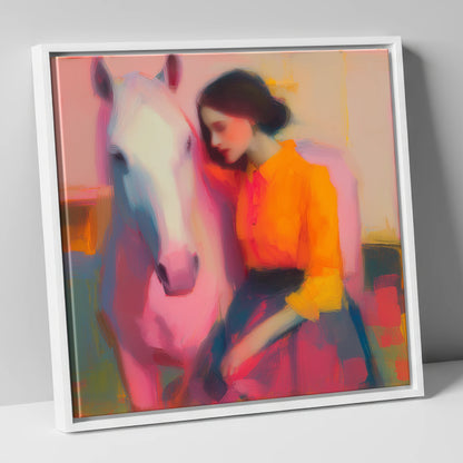 Vivid Embrace horse & rider canvas wall art in white frame
