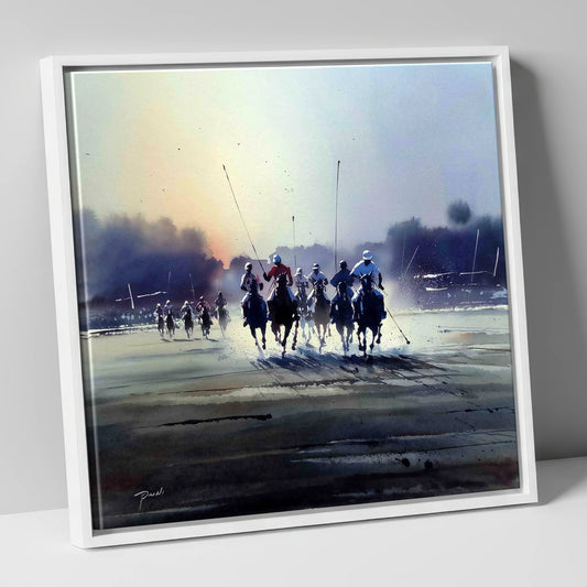 Thundering Polo Charge polo horse canvas wall art in white frame
