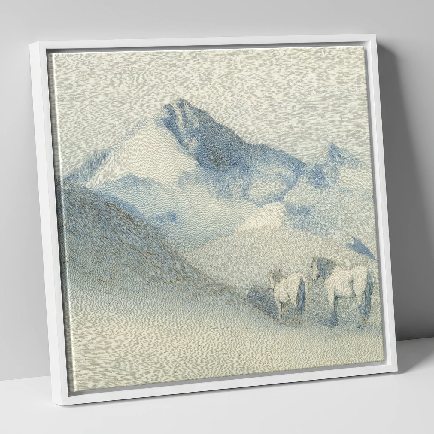 Slate Blue Peaks horse landscape canvas wall art in white frame