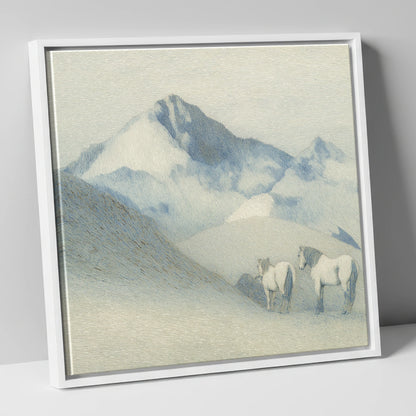 Slate Blue Peaks horse landscape canvas wall art in white frame