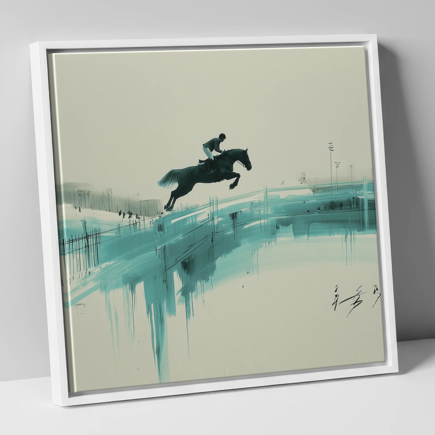 Airborne in Teal show jumping horse canvas wall art in white frame