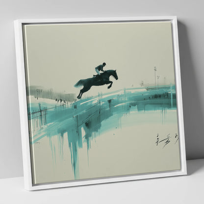 Airborne in Teal show jumping horse canvas wall art in white frame