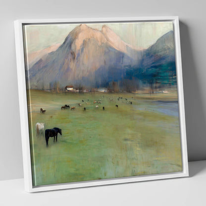 Alpine Grazing horse landscape canvas wall art in white frame