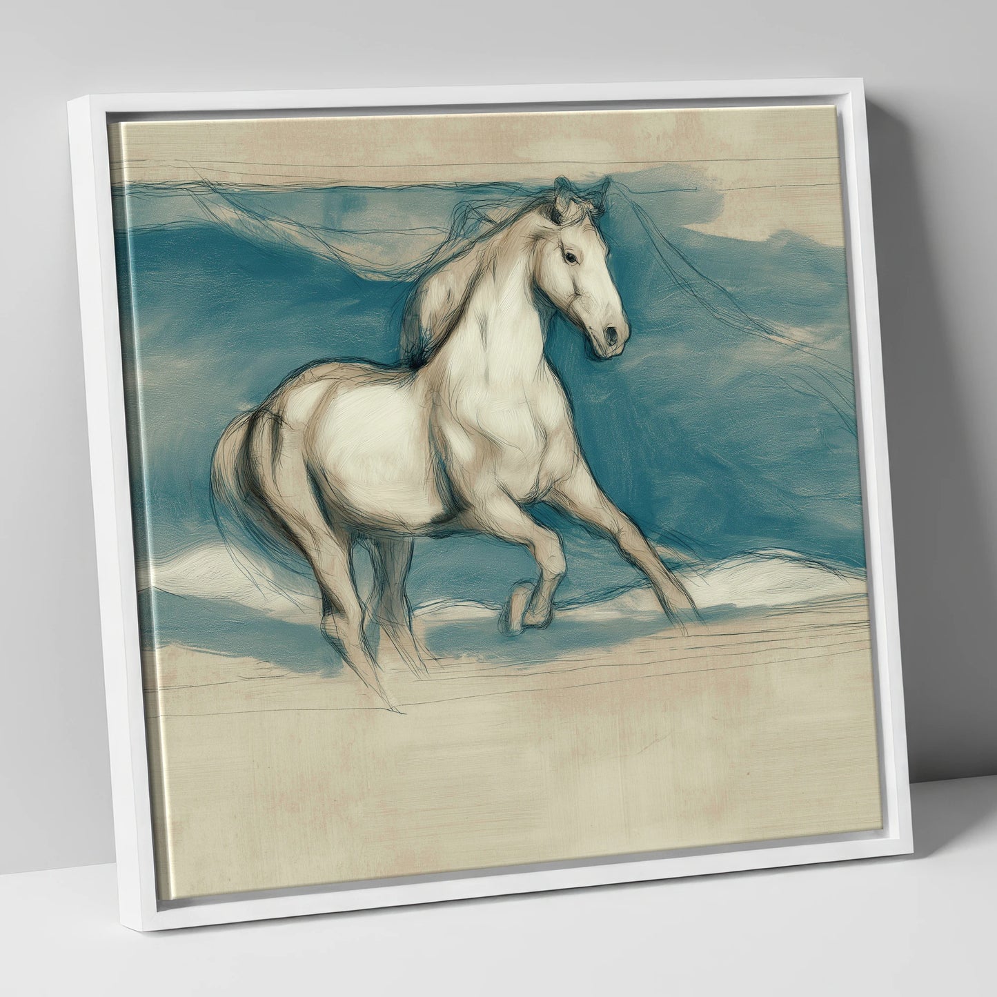 Ethereal Grey Canter horse portrait canvas wall art in white frame