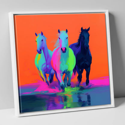 Technicolour Canter wild horses canvas wall art in white frame