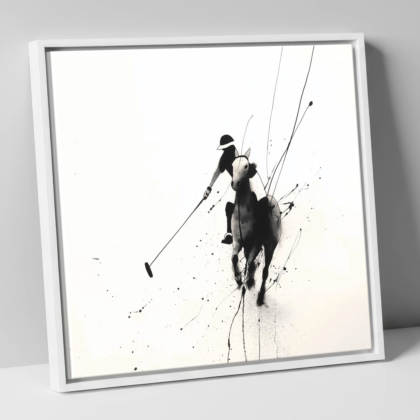 Ethereal Polo Silhouette polo horse canvas wall art in white frame