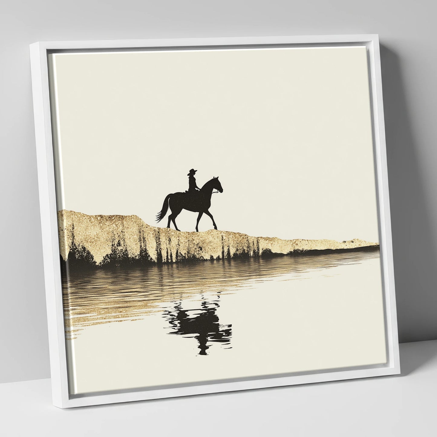 Golden Shores Silhouette beach horse canvas wall art in white frame