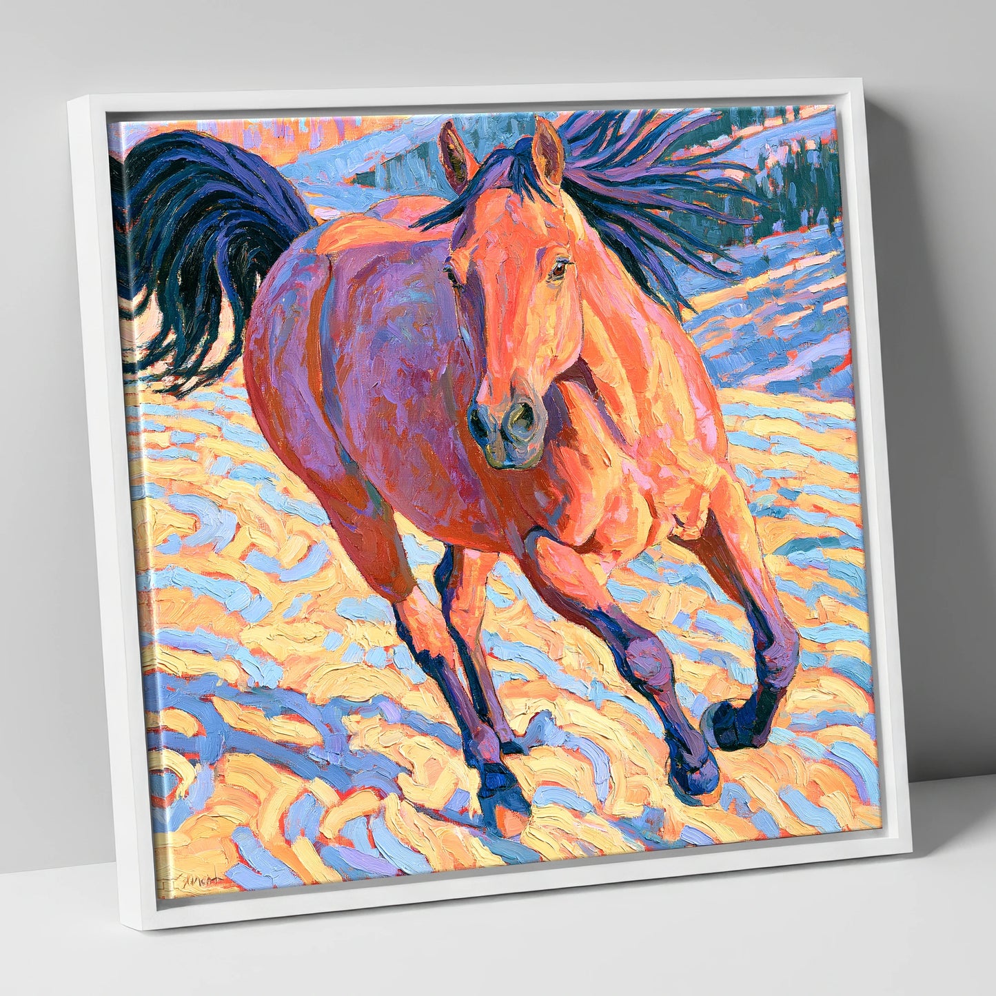 Vibrant Horse at a Canter horse breed canvas wall art in white frame