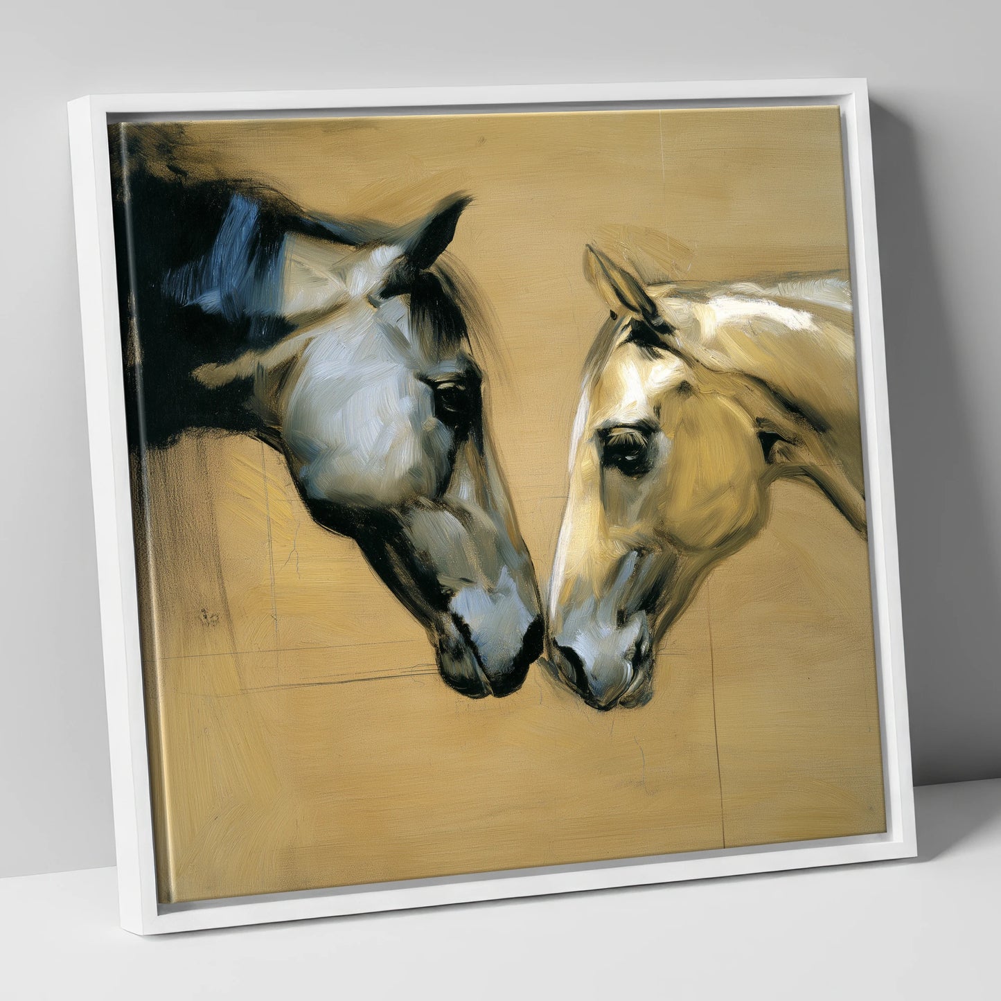 A Gentle Meeting horse portrait canvas wall art in white frame