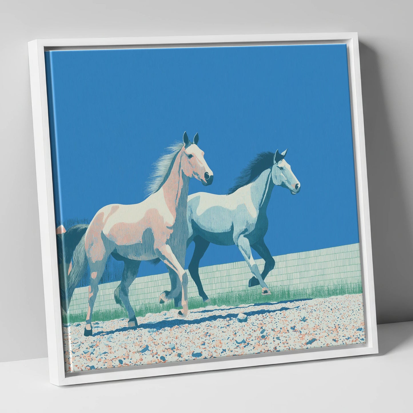 Azure Horizon Strides wild horses canvas wall art in white frame