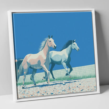 Azure Horizon Strides wild horses canvas wall art in white frame