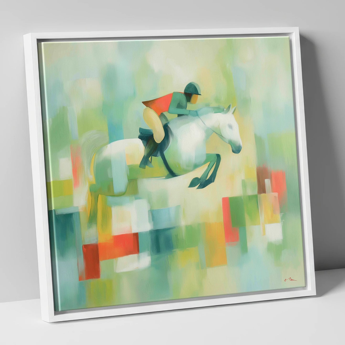 Clearing the Colours show jumping horse canvas wall art in white frame