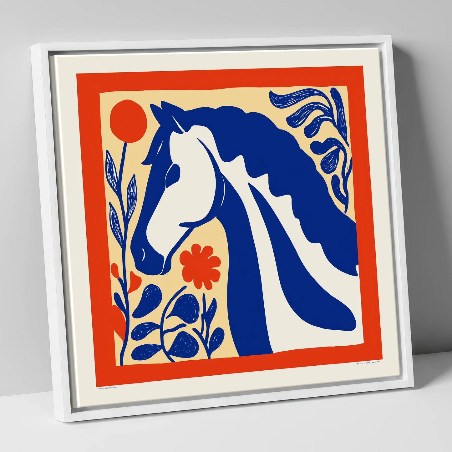 Cobalt Botanical Equine horse portrait canvas wall art in white frame